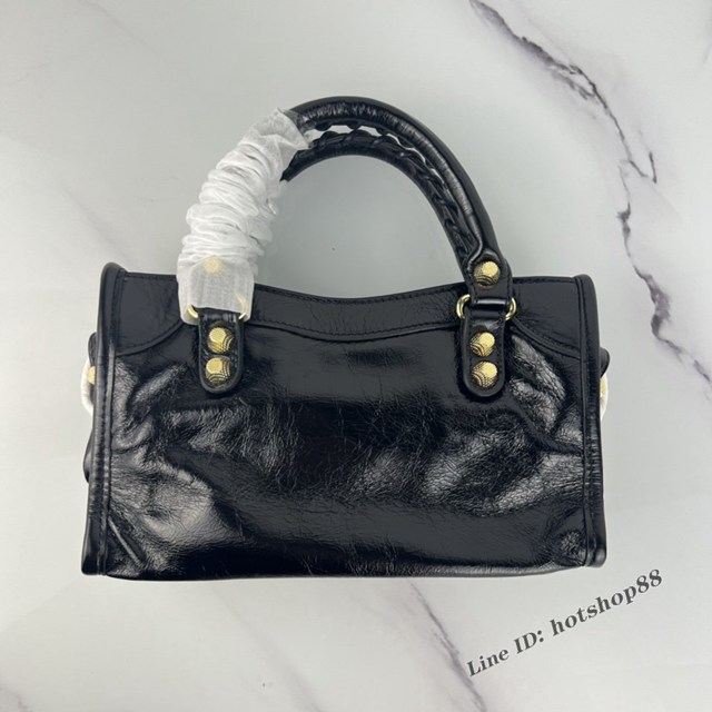 Balenciaga專櫃爆款手提女包 巴黎世家原版油蠟頭層牛皮香皮鳳梨金釘迷你機車包 fyj1338